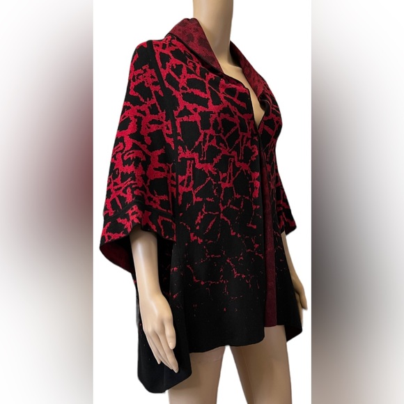 NWT Ming Wang Red Black Jacquard Knit Shawl Collar Kimono Sleeve Open Sz L/XL - Picture 3 of 8